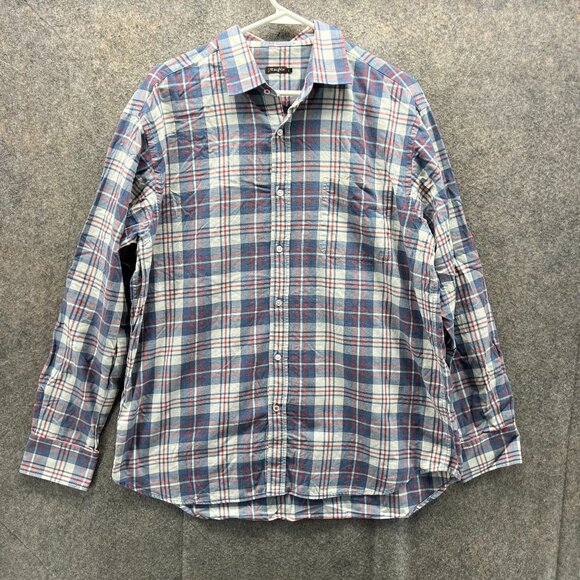 J McLaughlin Shirt Mens Large Blue Red Button Down Preppy Madras Plaid Cotton - Picture 1 of 12